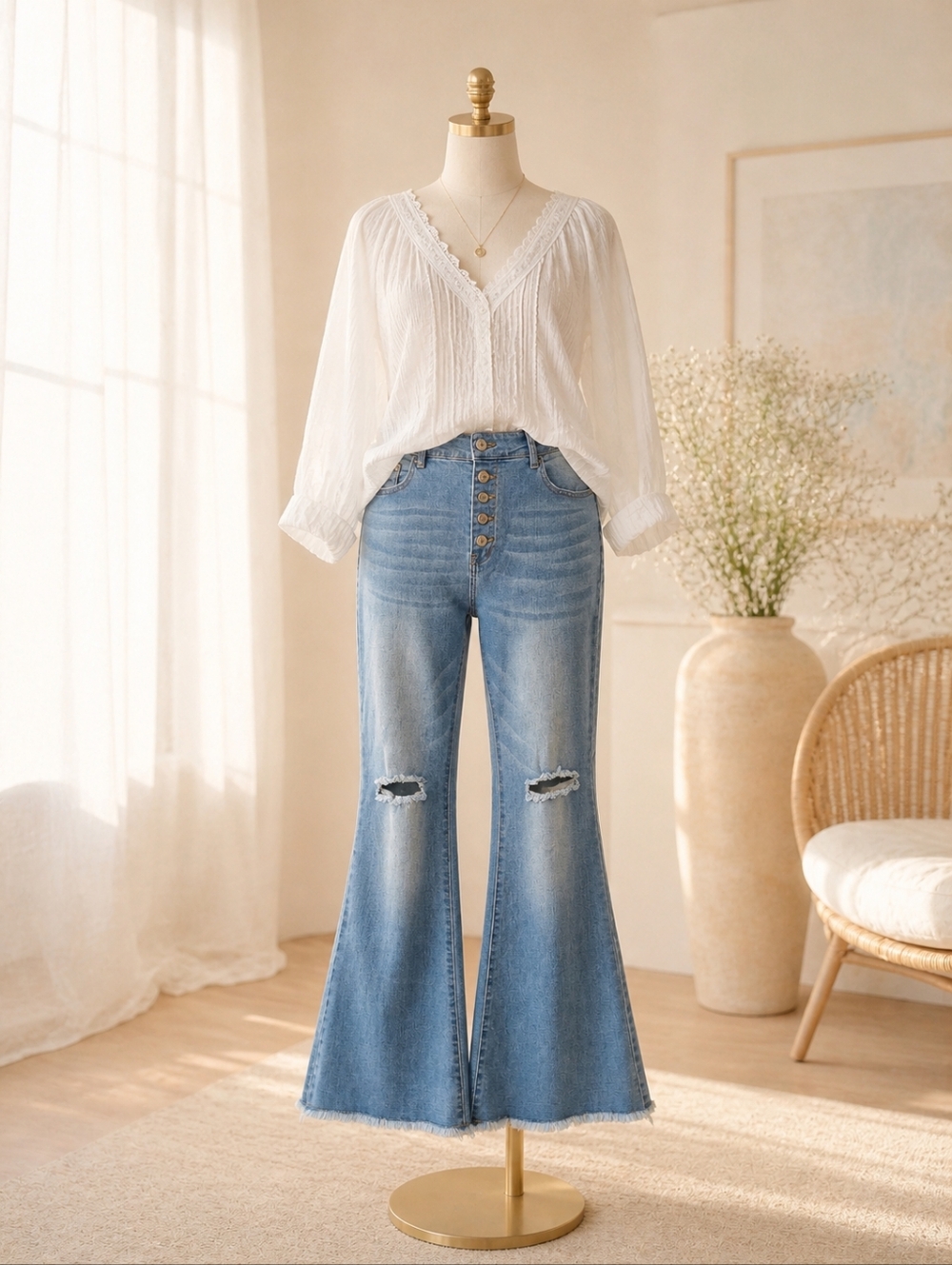 Boho Bell Bottom Jeans High Rise Button Fly Distressed Flare Denim Festival Fall